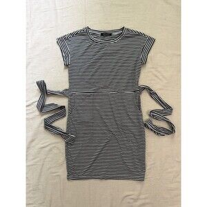 Black White Striped T-Shirt Dress Womens Size S Tie Waist Cap Sleeve Meerokeety